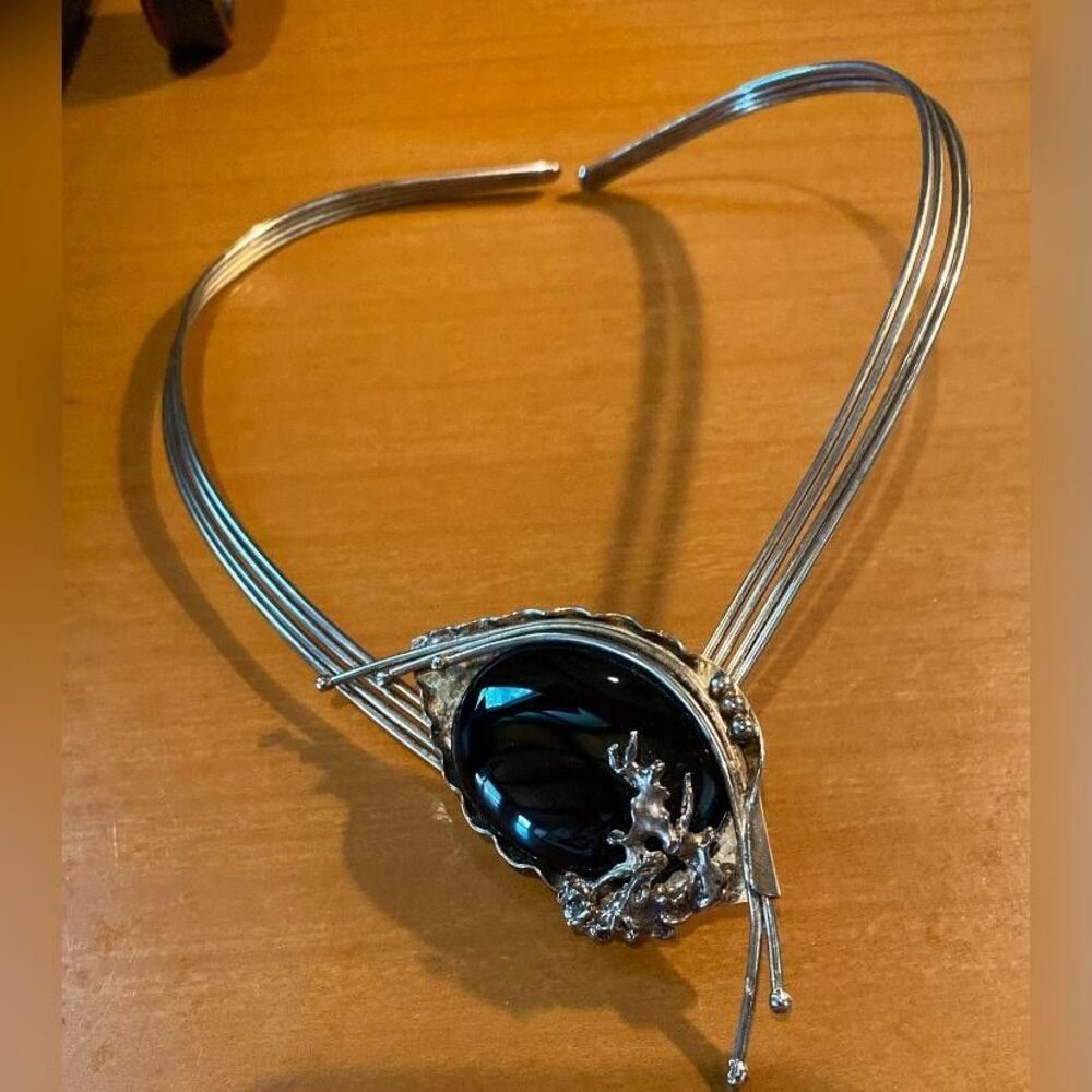 Silver Tone Black Cabochon Collar Necklace Modernist Statement Women's Jewelry